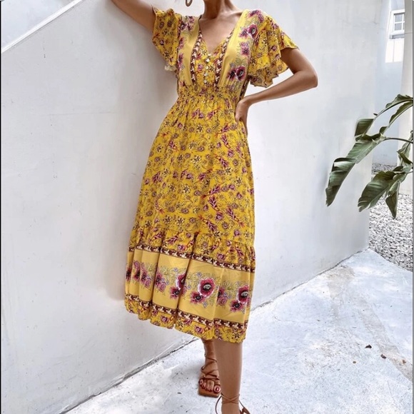 Boho floral V neck button ruffle dress - Picture 5 of 6